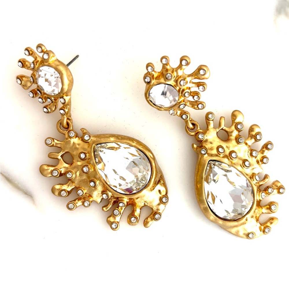 Oscar de la Renta • Gold & Crystal Cactus Drop Post Earrings - Picture 4 of 6
